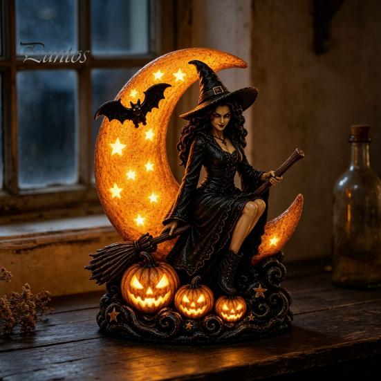 Handcrafted Resin Ornament Halloween Witch Lamp, Gothic Crescent Moon LED Night Light, Tabletop Statue Spooky Decorative Table Lamp for Bedroom