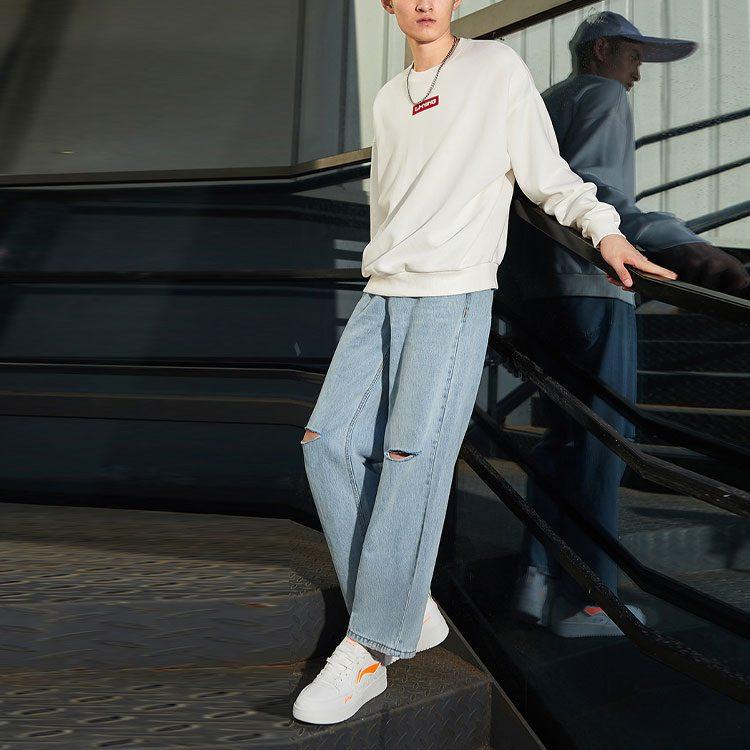Li Ning Casual Sports Fleece Lined Crew Neck Long Sleeved Pullover Sweatshirt Winter Unisex Ivory AWDQ652-10