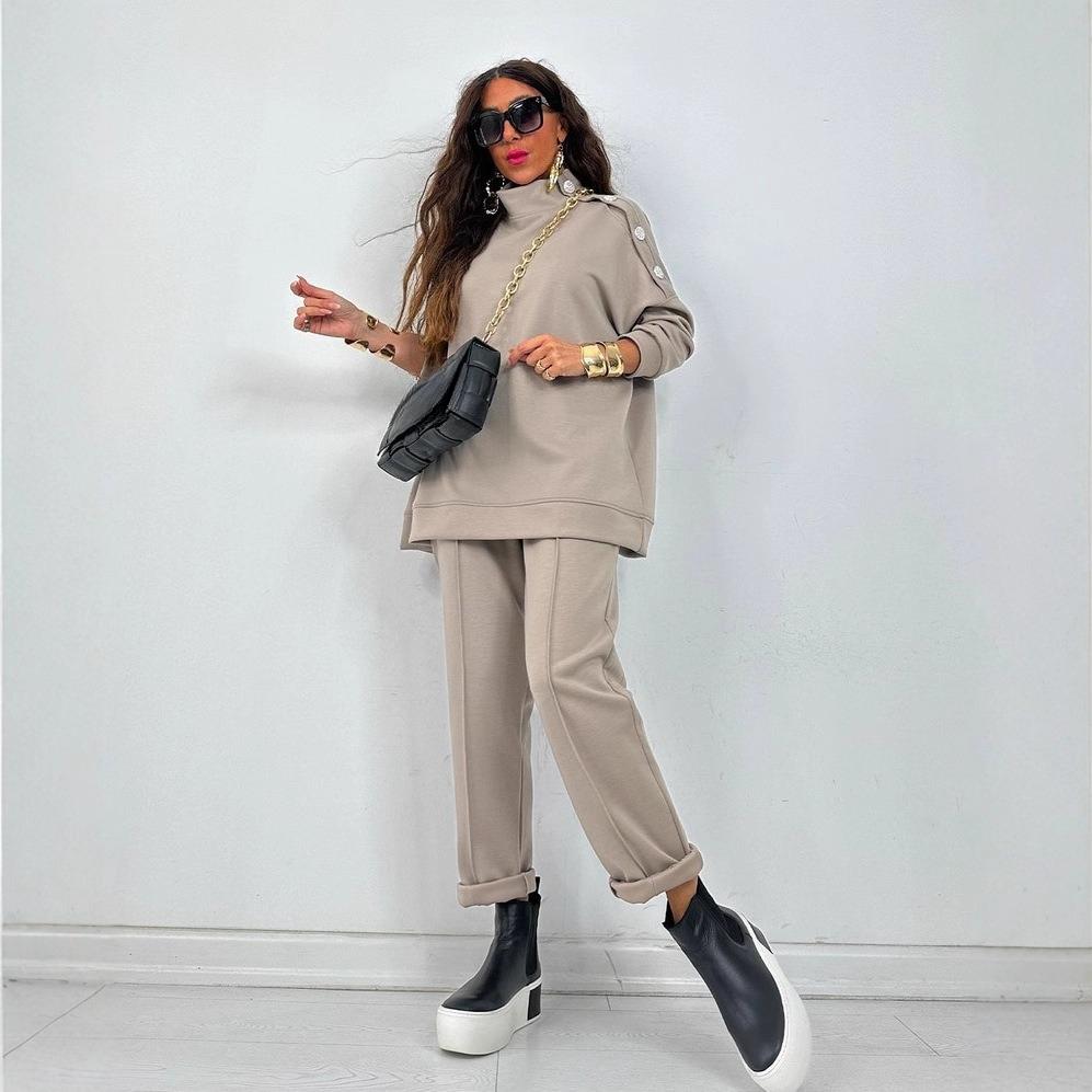A New Autumn and Winter Fashion Casual Set for Women, A Solid Color Long-sleeved Shirt, Long Pants and Stand-up Collar Two-piece Set