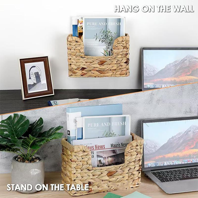 Modern Minimalist Wicker Wallmounted Magazine Rack With Rattan Storage Basket For Home Organization