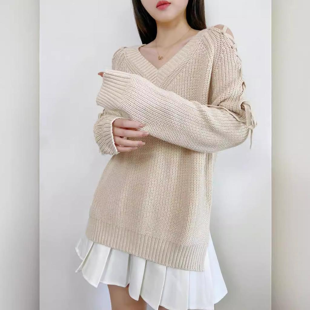 Autumn and Winter Women's Solid Color Strapless Long-sleeved Knit Sweater V-neck Pullover Breathable Loose Sweater Bottoming Shirt Fashion Tops