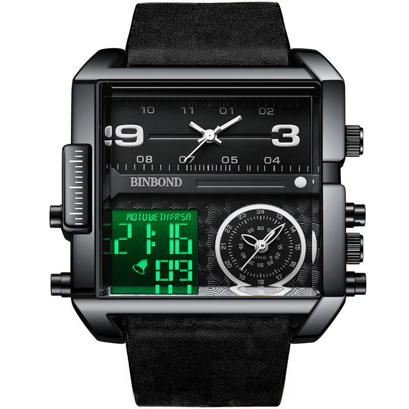Binbang Fashion Men's Domineering Quartz Watch with Large Square Dial and Triple Display