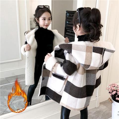 Зимнее пальто из овечьей шерсти для девочек, теплая верхняя одежда с капюшоном, модное шерстяное длинное пальто, детская одежда, куртки для девочек-подростков 4-12 лет 110 gray