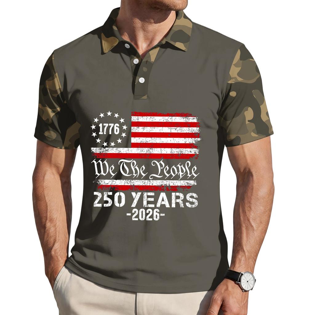 Men's Loose Fit Casual Short Sleeve Polo Shirt with Digital Camouflage Sleeves and Printed Flag Graphic 250 Years Commemorative Design