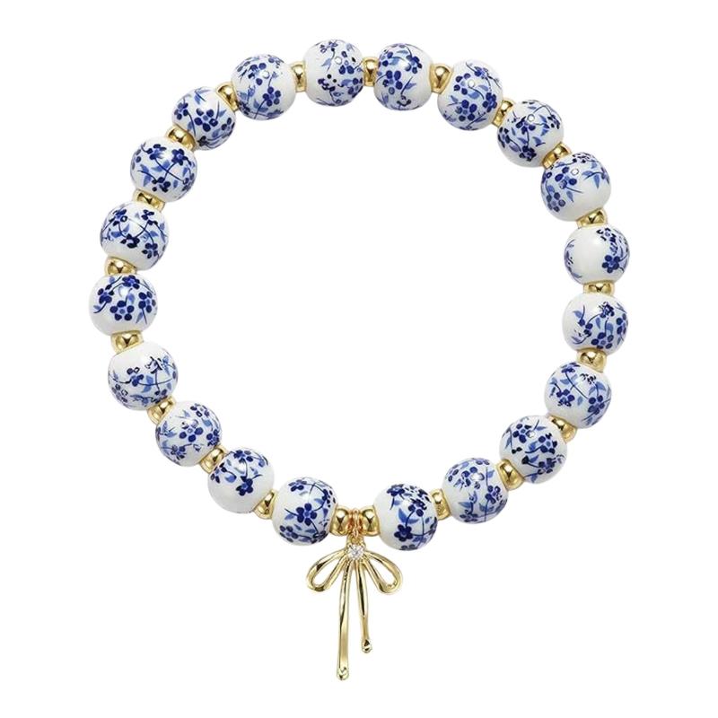NEW Handmade Ceramic Beads Baroque Pearl Bracelet Blue & White Porcelain Cross Jewelry Gift