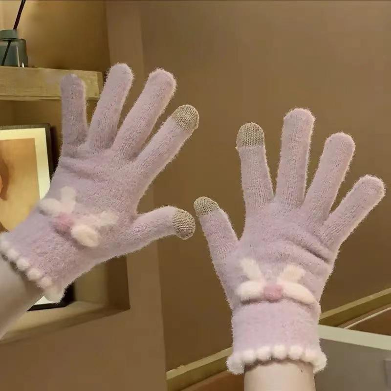 Touch Screen Knitted Gloves Wool Warm Five Fingers Winter Riding Bow Gloves