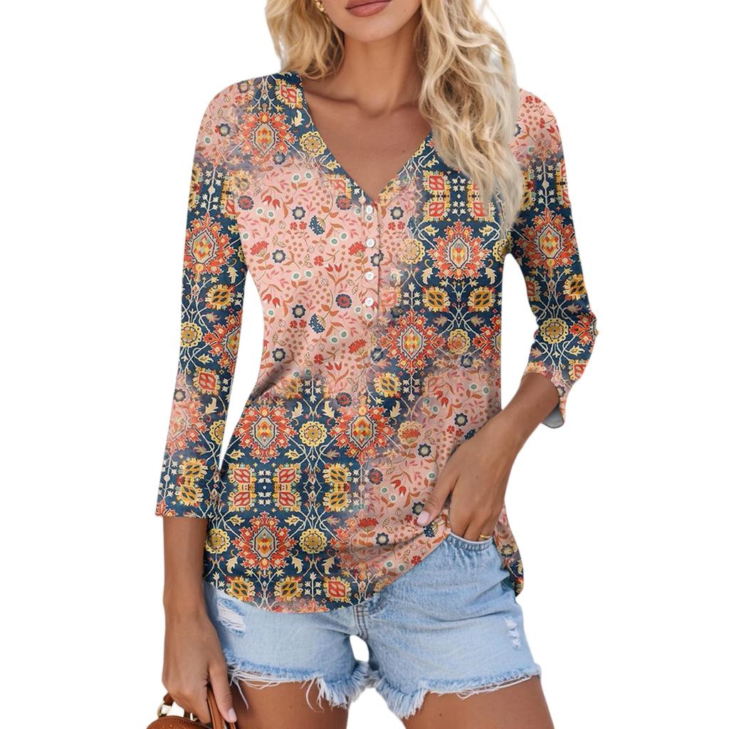 Women's Casual Fashion Sexy Comfortable V-Neck Button Floral Three-quarter Sleeve Top
