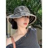 Korean Retro Striped Bucket Hat Female Summer Breathable Face Small Sunshade Sunscreen Travel Seaside Beach Straw Hat