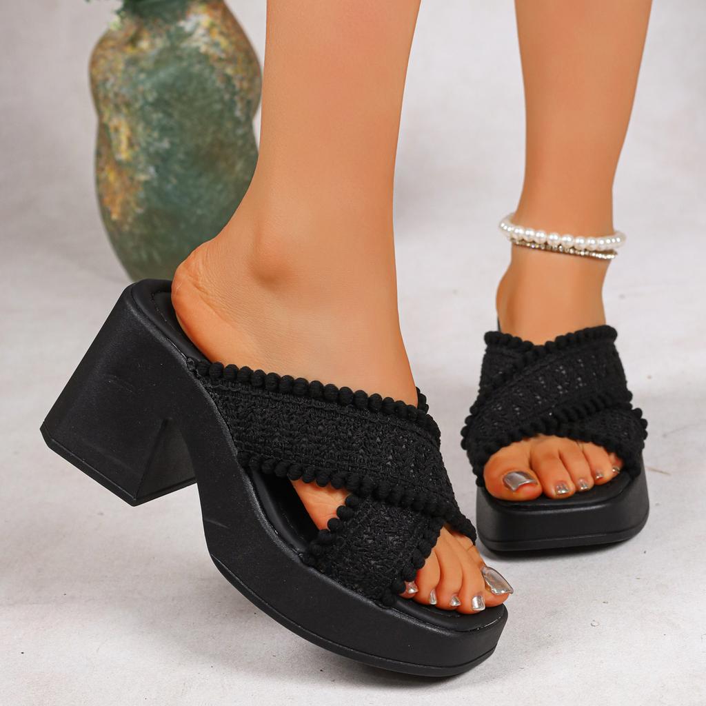 Women High Heel Sandals Thick Sole Chunky Platform Slippers Cross Band Decor Wedges Shoes Woman Summer Plus Size Comfort Shoes