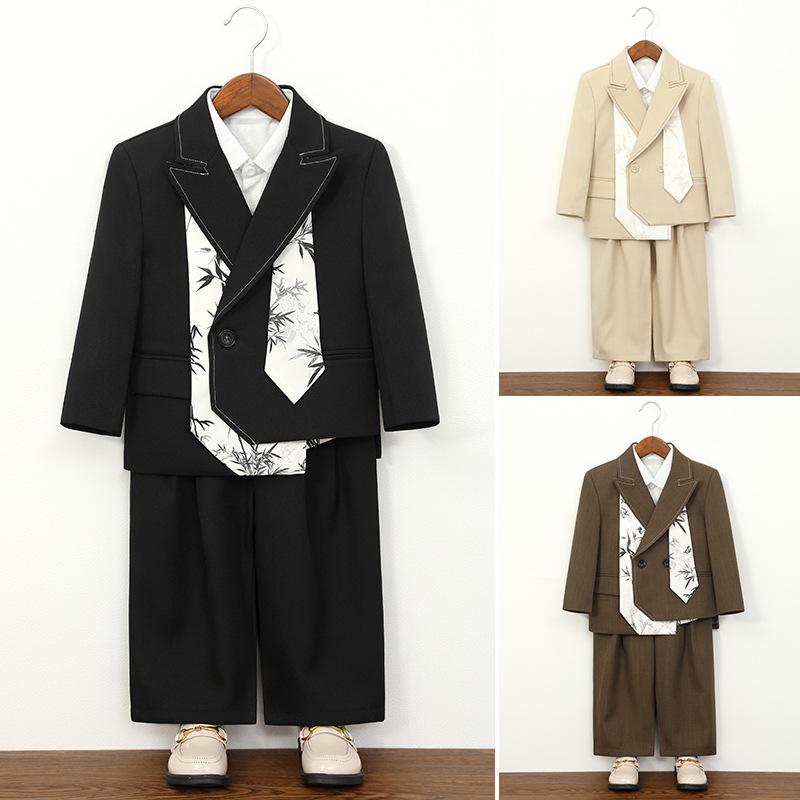 Boys Chinese Style Suit Set Bamboo Print Blazer Vest Pants Shirt for Wedding Birthday Party Photoshoot Kids School Formal Outfit