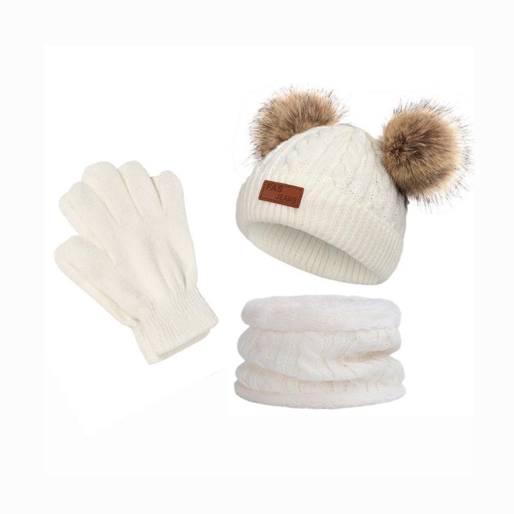 

Warm Thicken Baby Hat Scarf Gloves Set Windproof Pompom Knitted Hats Toddler Bonnet 1-5 Years
