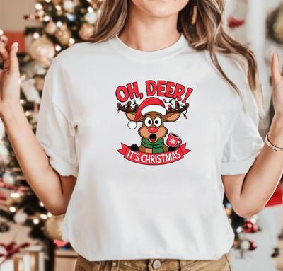 Weihnachts-T-Shirt Neuheit Lustig Weihnachtsmann Rentier Weihnachtsgeschenk Top, Oh Reh
