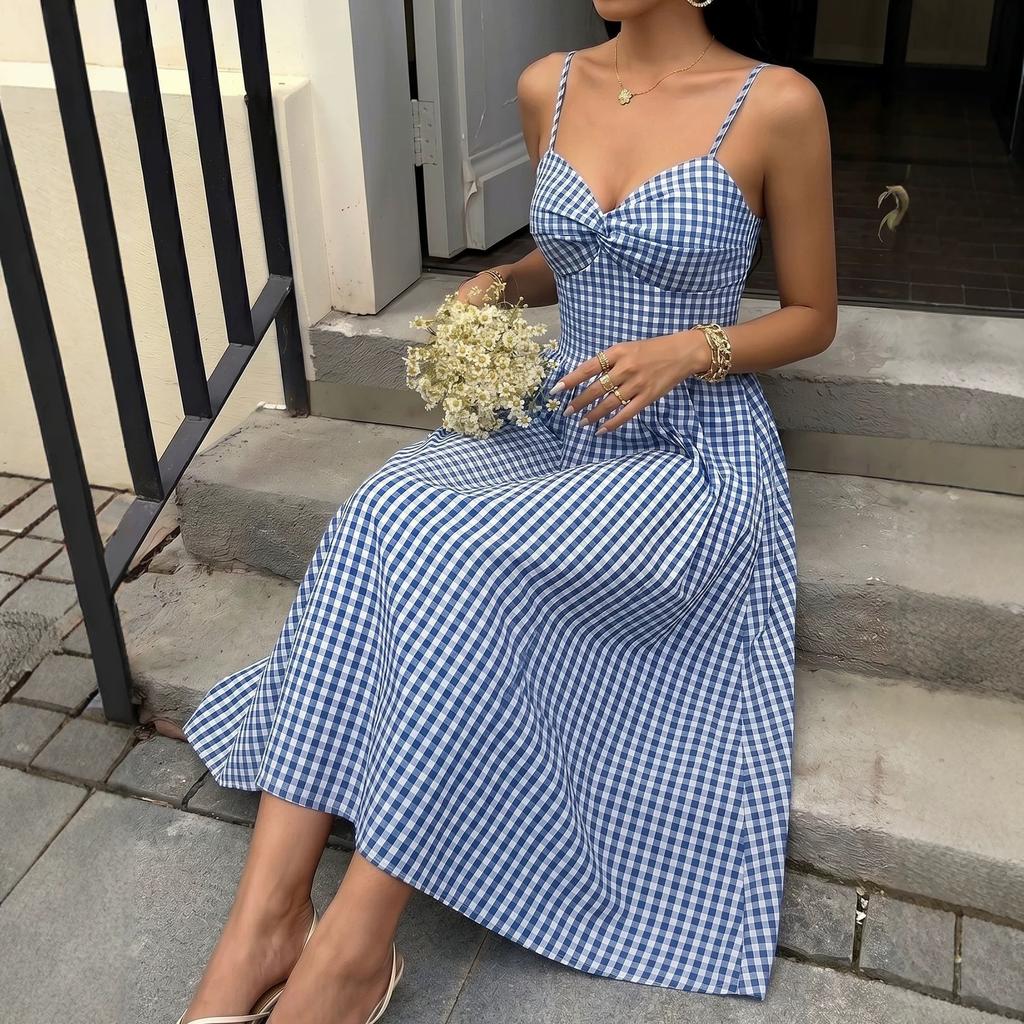 2026 Summer New European and American Women's Clothing Pastoral Temperament Plaid A Word Waist Pendulum Suspender Dress