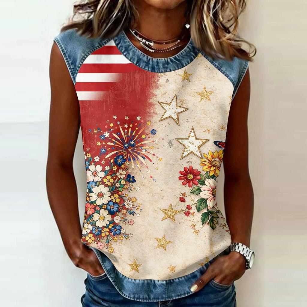 Sleeveless Crew Neck Casual Top with Denim Trim and Star Firework Floral Print for Women Summer Wear