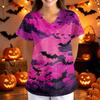 Women V Neck Loose Fit Printed Short Sleeve Top with Pockets Halloween Themed Bat and Cloud Pattern Comfortable Scrub Shirt