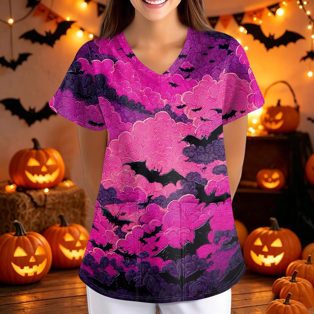 Women V Neck Loose Fit Printed Short Sleeve Top with Pockets Halloween Themed Bat and Cloud Pattern Comfortable Scrub Shirt