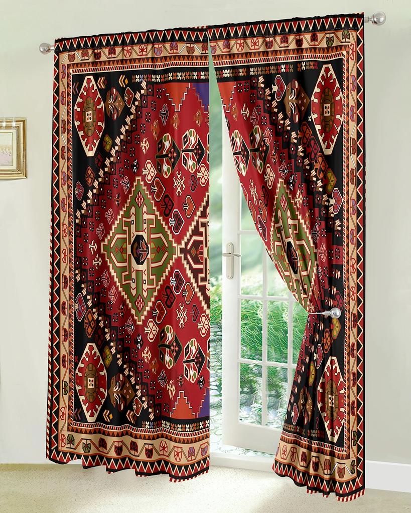 3D-Druck Personalisierte Vintage Boho Halbschattenvorhänge für Wohnzimmer 2 Stück Kostenloser Versand Schlafzimmer Schwarz&Rot Vorhänge