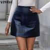 VONDA Women Autumn Solid Color Patch Pocket PU Leather Skirts