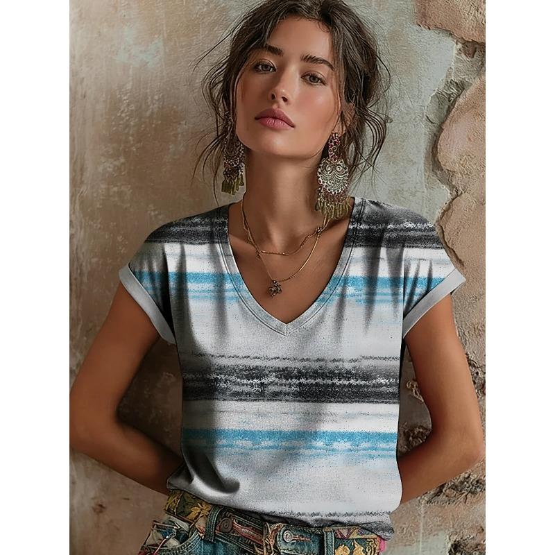 

Trendy Stripe Pattern V Neck T Shirt For Women Fashion Casual Daily Streetwear Vacation Holiday Outfit Fashion S