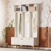 Wardrobe Set with Bench, Multifunctional Storage Bench, Open Storage, 6 Golden Hooks And Feet, Suitable for Hallway, Living Room, White