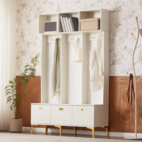 Wardrobe Set with Bench, Multifunctional Storage Bench, Open Storage, 6 Golden Hooks And Feet, Suitable for Hallway, Living Room, White