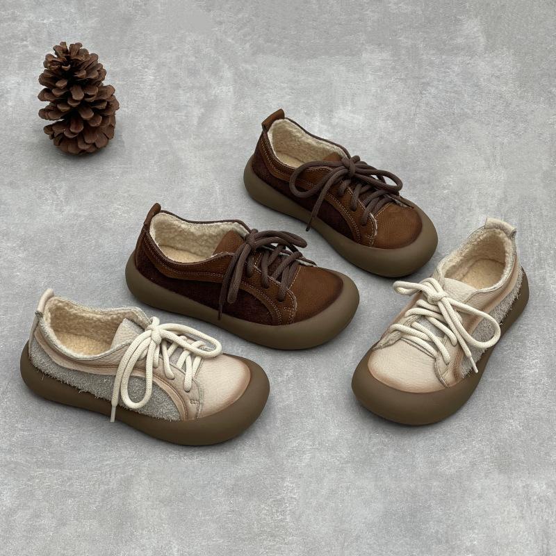 Johnature Retro Flats Genuine Leather Plush Warm Cotton Shoes Cow Leather Thick Soled Women's Shoes