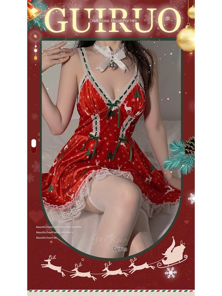 Samt-Print Übergröße Weihnachts-Dessous Camisole Nachthemd Set