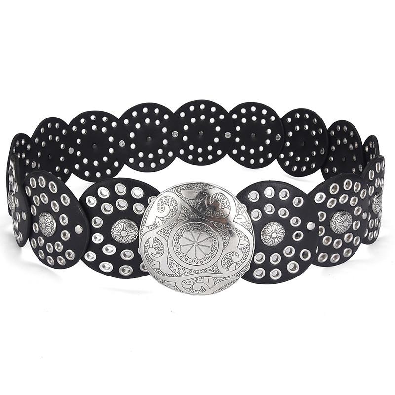 

Fashion Unique Retro Waist Belt For Women Crafted From Quality Pu Leather With Accents Eyelet Black Silver