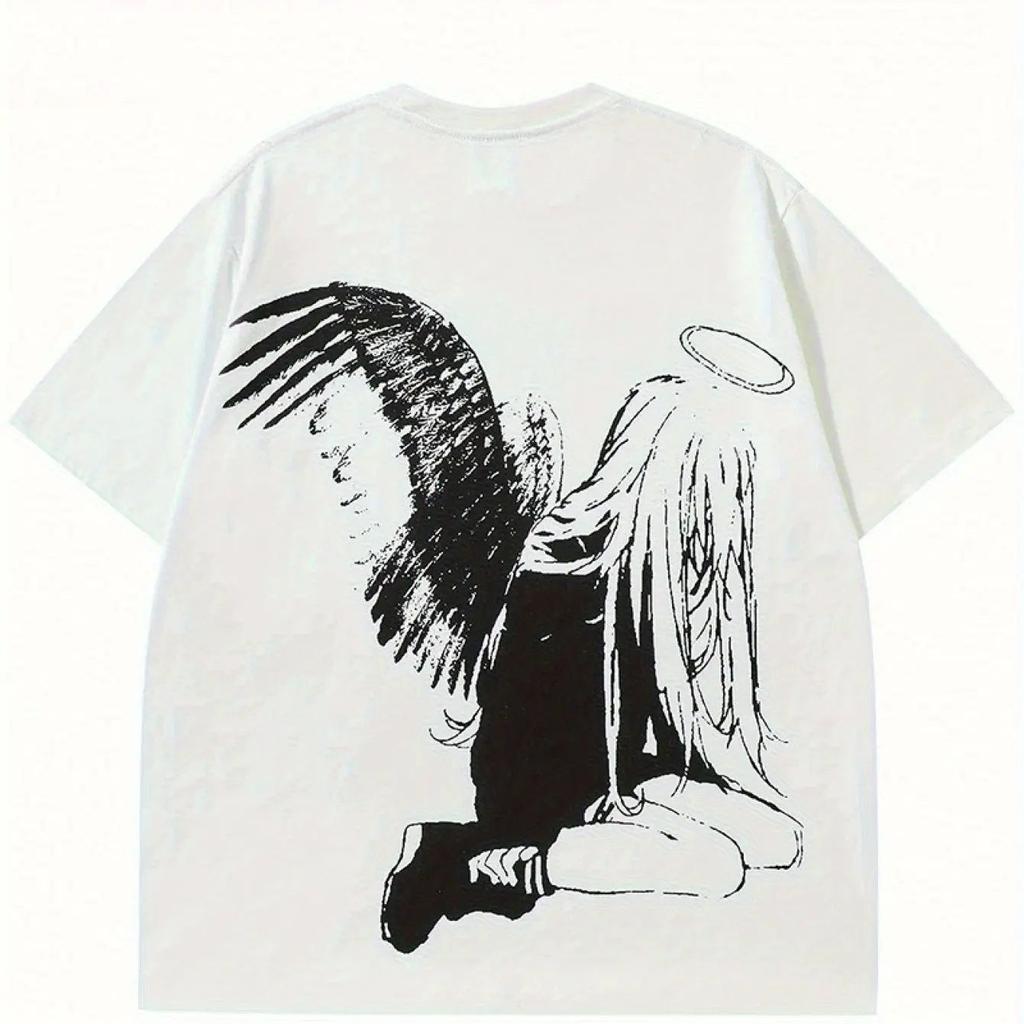 Gothic Y2k Tops Hip Hop Street Harajuku Angel Wing Pattern Tshirt Print Cptton T Shirts Casual Loose Streetwear Unisex