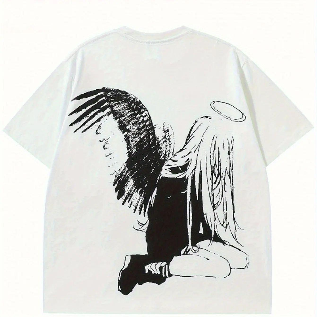 

Hip Hop Street Harajuku Angel Wing Pattern Tshirt Gothic Y2k Tops Print Cptton T Shirts Casual Loose Streetwear Unisex S