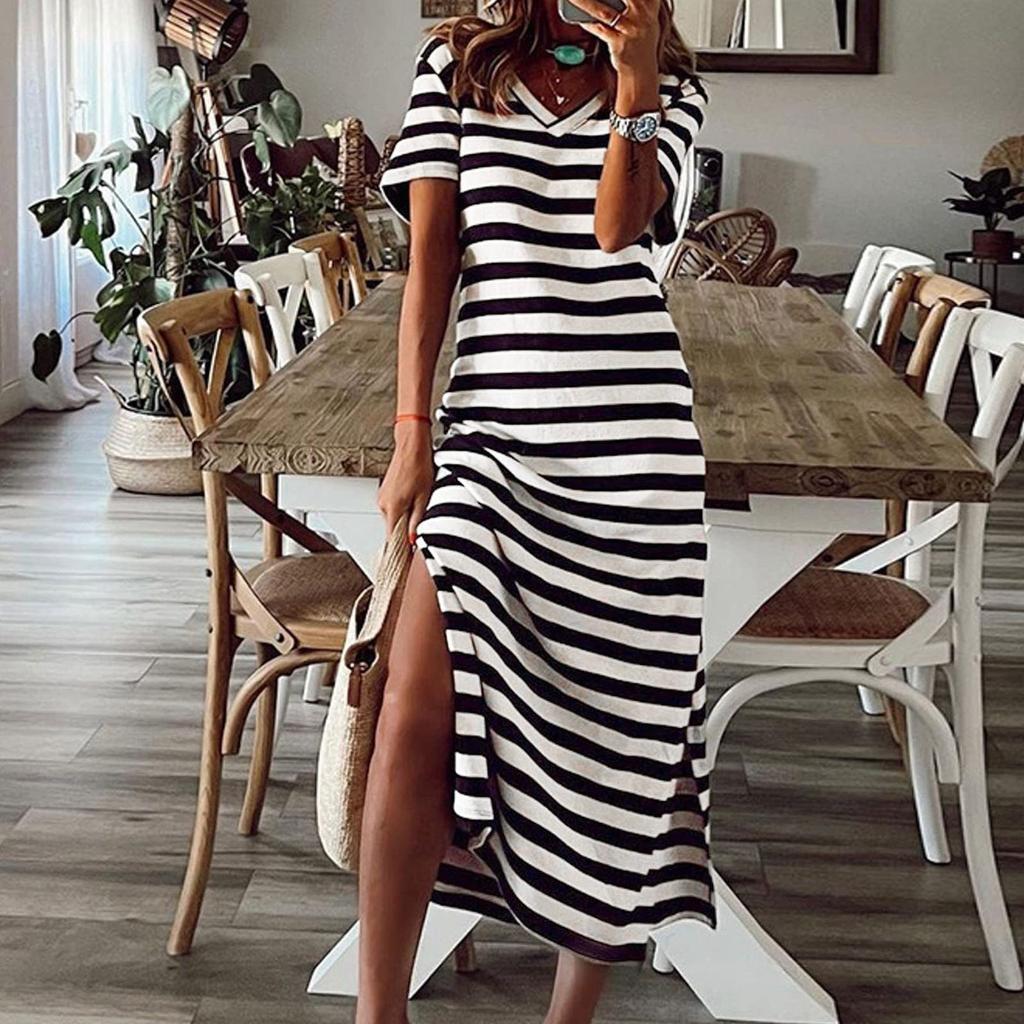 Women's Striped Side Slit Midi Dress V Neck Short Sleeve Casual Holiday Loose Dress
