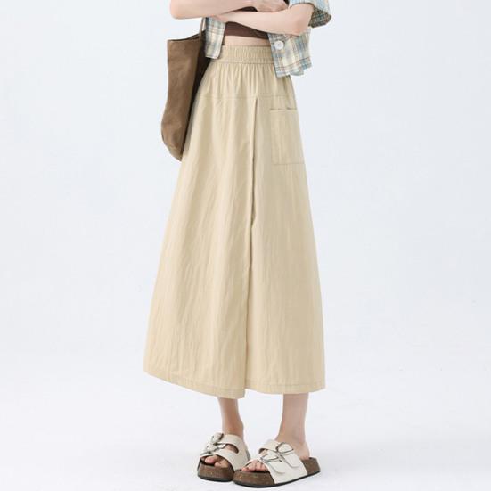 Women Cargo Pants Elastic High Waist Wide-Leg Skirt Pants with Pockets Solid Color Summer Thin Leisure Trousers