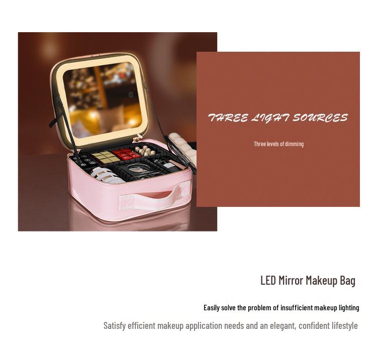 Large Capacity Makeup Bag with Lighted Mirror - Portable Travel Cosmetic Organizer