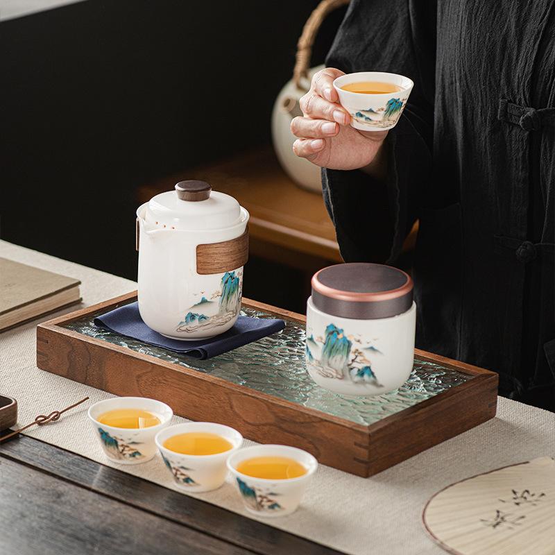 Travel white porcelain gifts Guochao Splendid Mountains and Rivers Outdoor Kung Fu Tea Set Small Set Portable Kuaike Cup