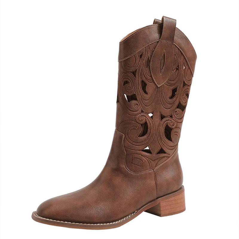 Fashion New Luxury Hollow Embroidered Vintage Western Boots Women Autumn Chunky Heels Knee High Cowboy Boots Woman Leather Knight Boots