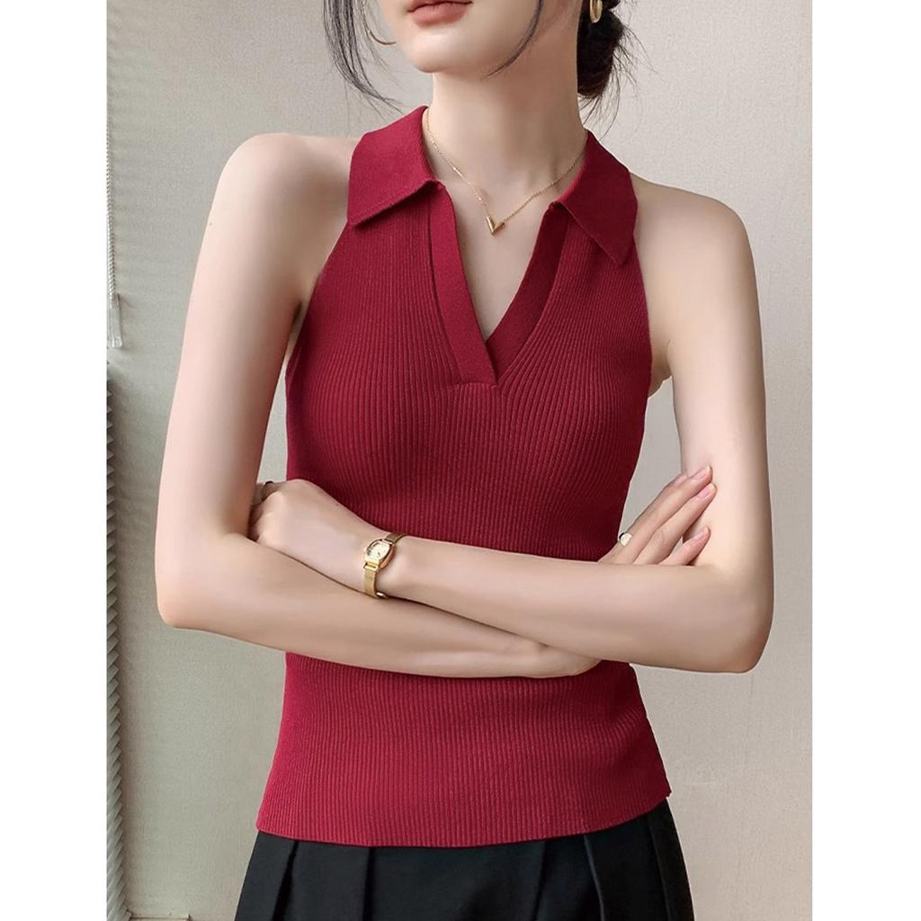 Western Style Slim Fit Fashionable Temperament Age Reducing French European Products Simple and Generous Thin POLO Collar Knitted Vest for Women