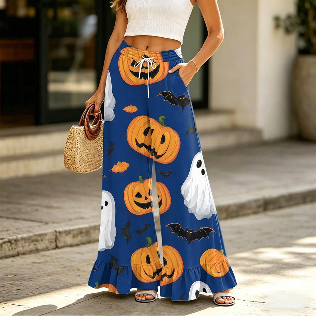 Women’s High Waist Drawstring Wide Leg Pants with Pockets Halloween Print Loose Fit Ruffle Hem Long Casual Trousers