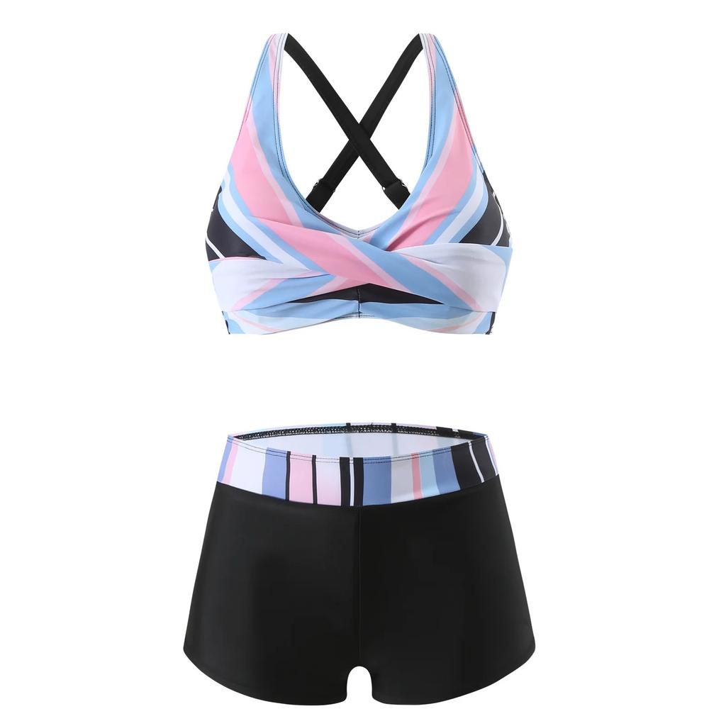 Sexy Hollow Out Back High Waist Bikini Swimsuit Women's Short Pants Quick Dry Two Piece Swimwear New 2025 Big Size