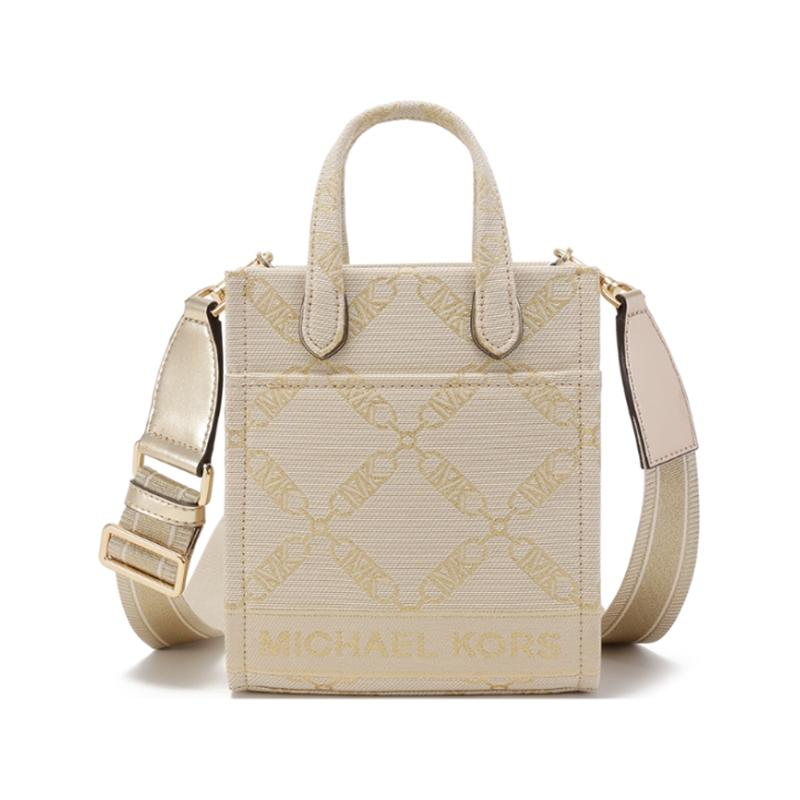

Michael Kors MK Gigi Diamond Pattern Chain Open Tote Fabric Crossbody Bag Mini Women Handbags Beige Gold 32F3G3GC9J-NAT-PALEGOLD Basic Set (Bag+Dust Bag)