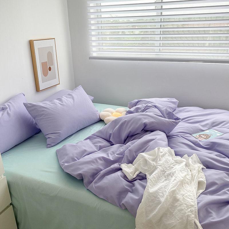 Princess Style Simple Solid Color Bed Four-piece Nude Sleeping Washed Cotton Student Dormitory Quilt Cover Sheet Set