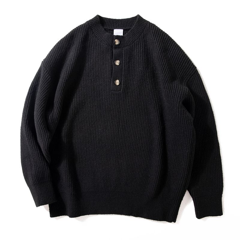 Heavyweight Thick American Retro Henley Collar Thick Knit Sweater for Men, Japanese Style Loose and Relaxed Sweater Jacket