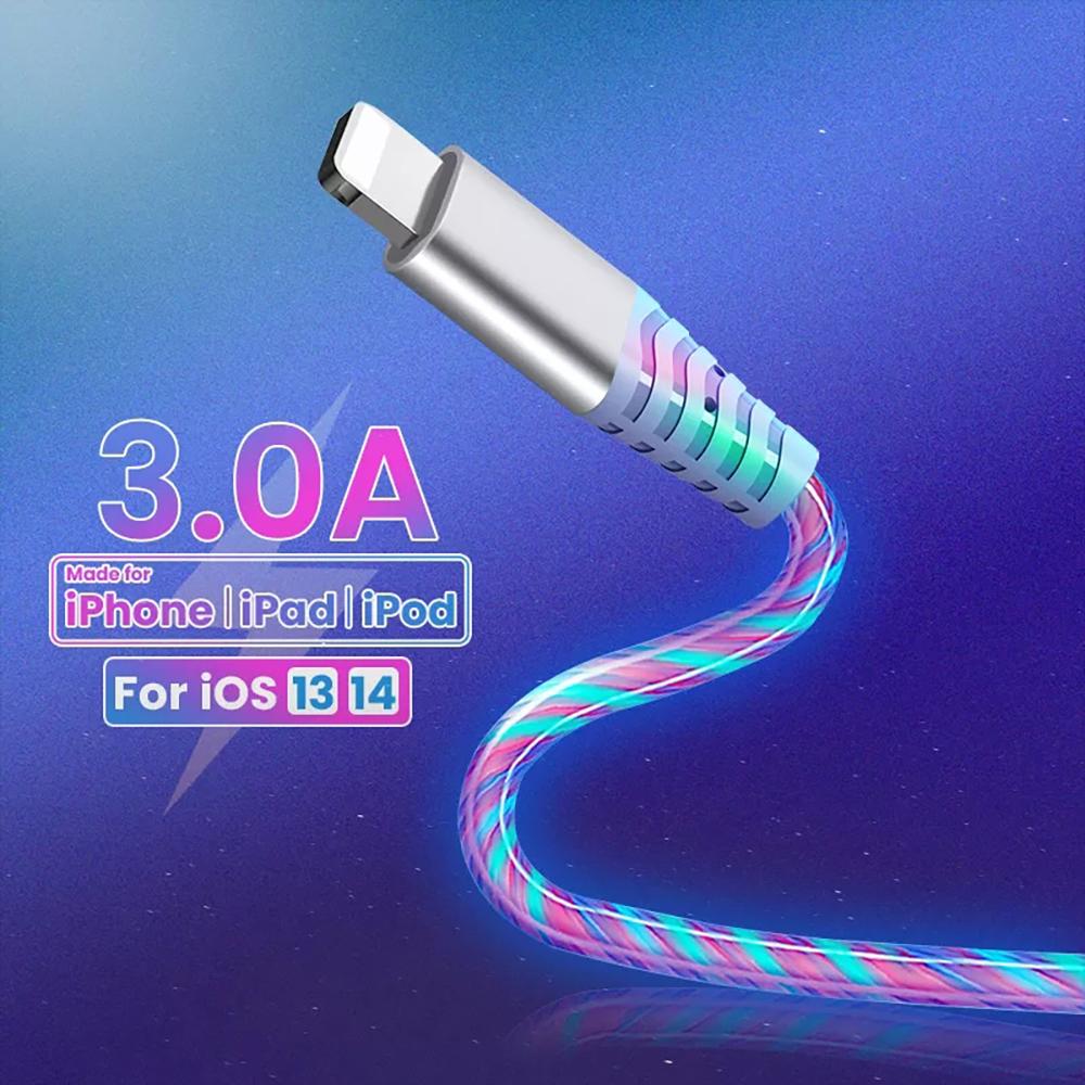 2m Flow USB Data Cable For iPhone 14 13 12 Pro Max 11 XS 8 7 6 Luminous 3A Fast Charging Cable