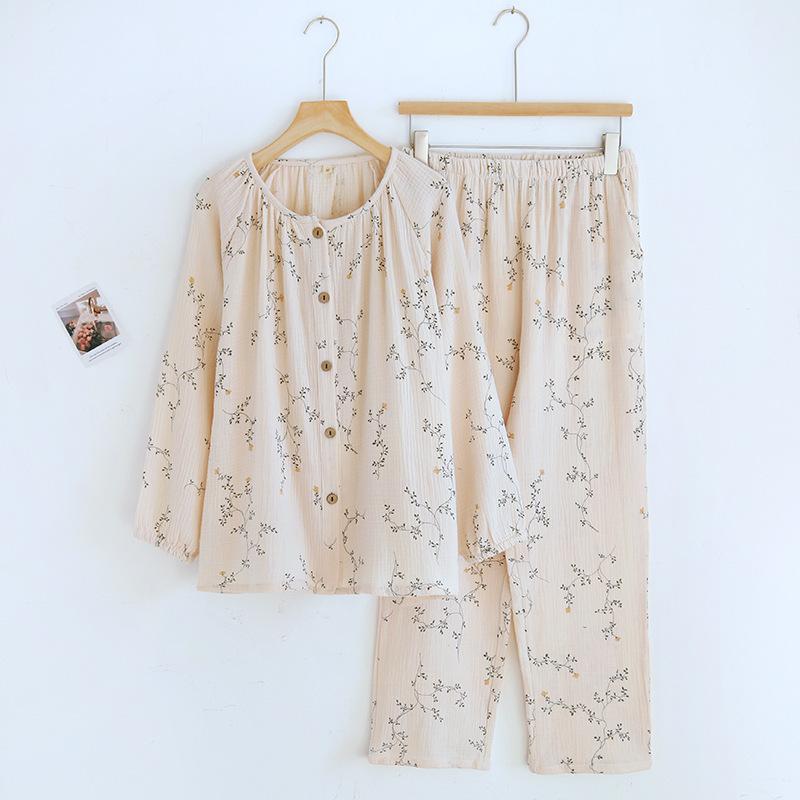 

Новый весенне-осенний женский пижамный комплект из 100% хлопкового крепа, пуловер с длинными рукавами и брюками, два предмета, свободный цветочный домашний декор XL