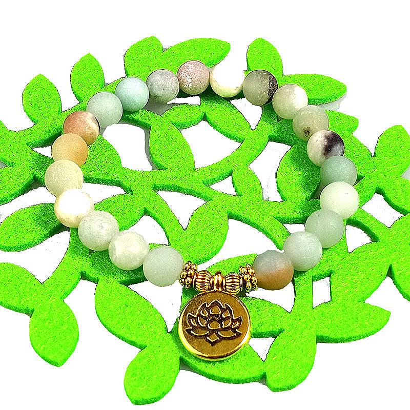 Natural Matte Amazonite Bracelet with Yoga Lotus Pendant - Handmade Buddhist Beads