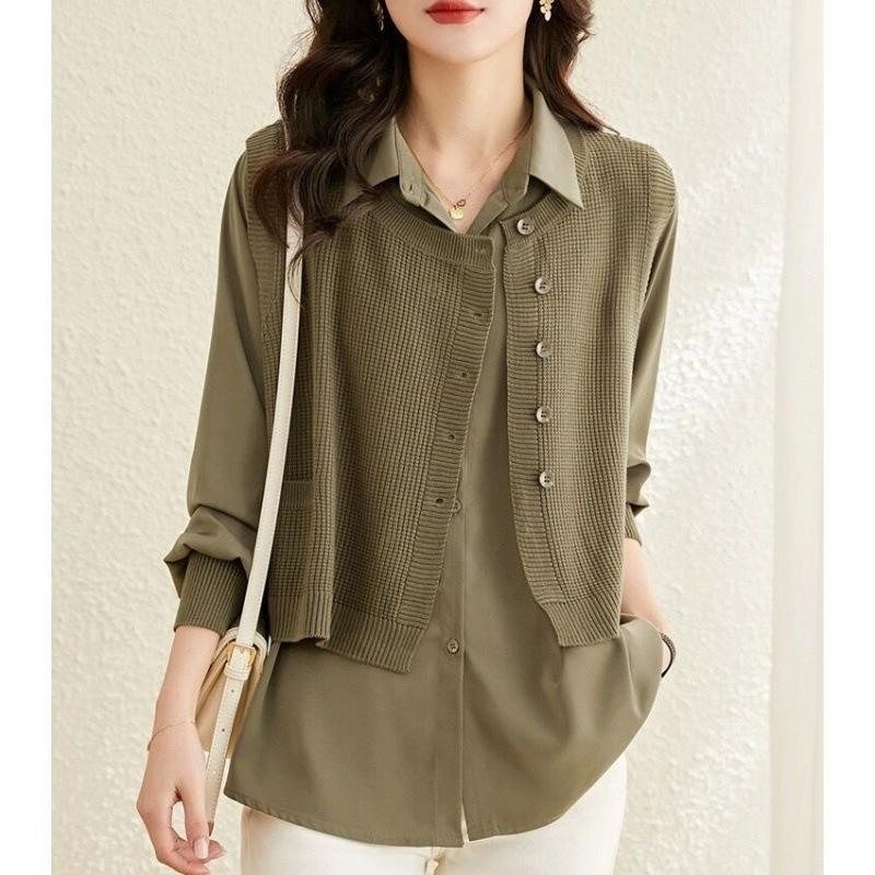 Camisa Real de Duas Peças para Roupas de Outono Femininas Nova Camisa Casual Solta Casaco Suéter Moda Colete Manga Longa