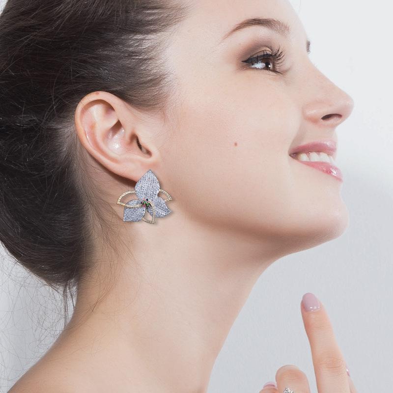 E0227 Personalized Petal Earrings Micro-Inlaid Zircon Color-Preserving Summer Trinkets