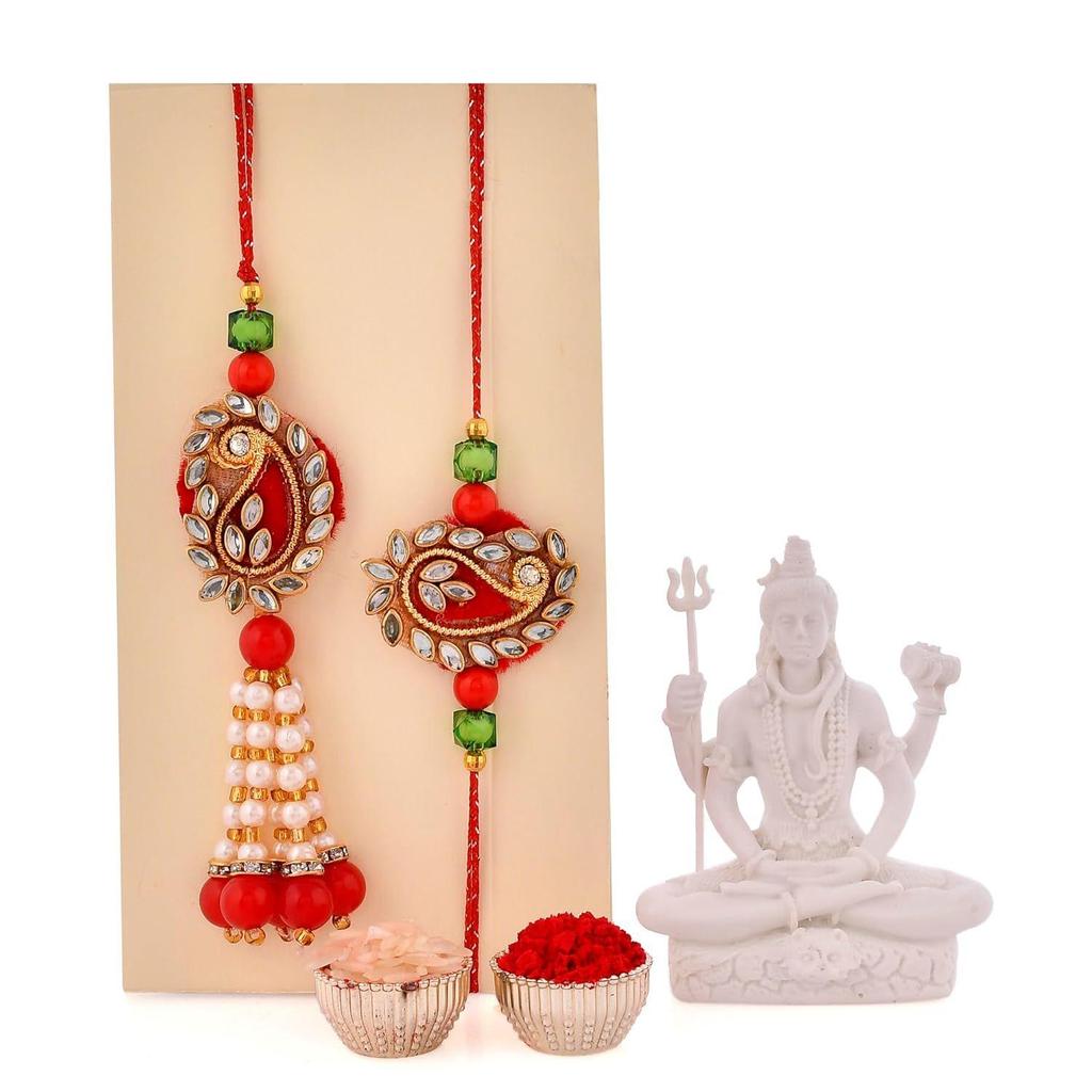 Rakhi-Paarschmuck mit Shiva-Statue – Rakhi für Bruder und Schwägerin mit Geschenkset – Rakhi-Paarschmuck mit Shiva-Statue