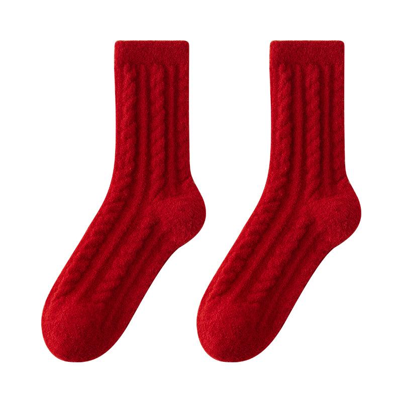 Big Red Socks Women's Medium Tube Socks Thickened Striped Cloth Label Mink Velvet New Year's Wedding Women's Socks