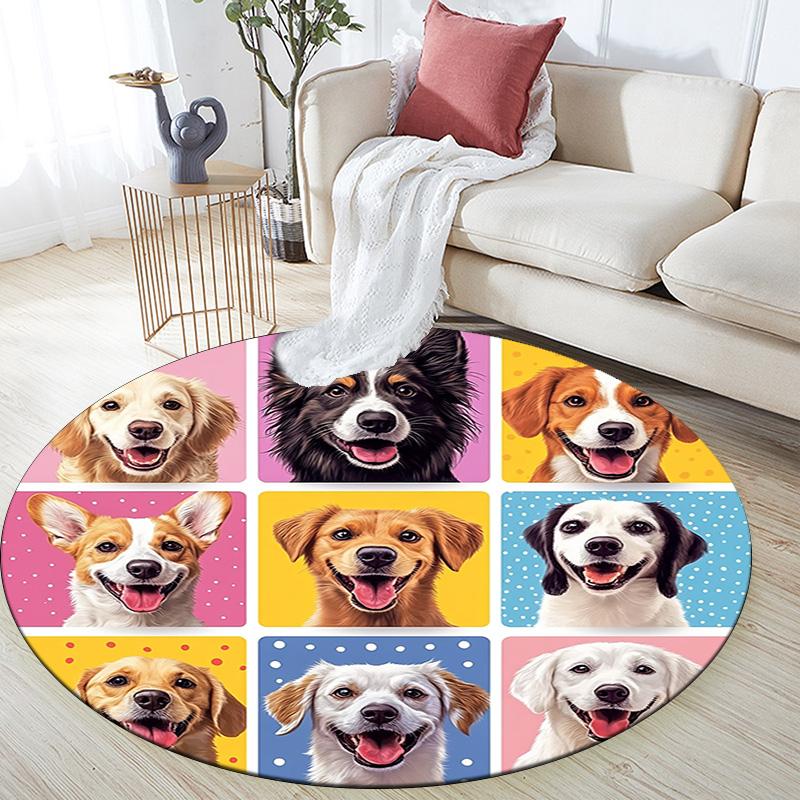 Happy Dog Round Area Rug,Carpet Rug for Living Room Bedroom Sofa Playroom Decor,Non-slip Floor Mat