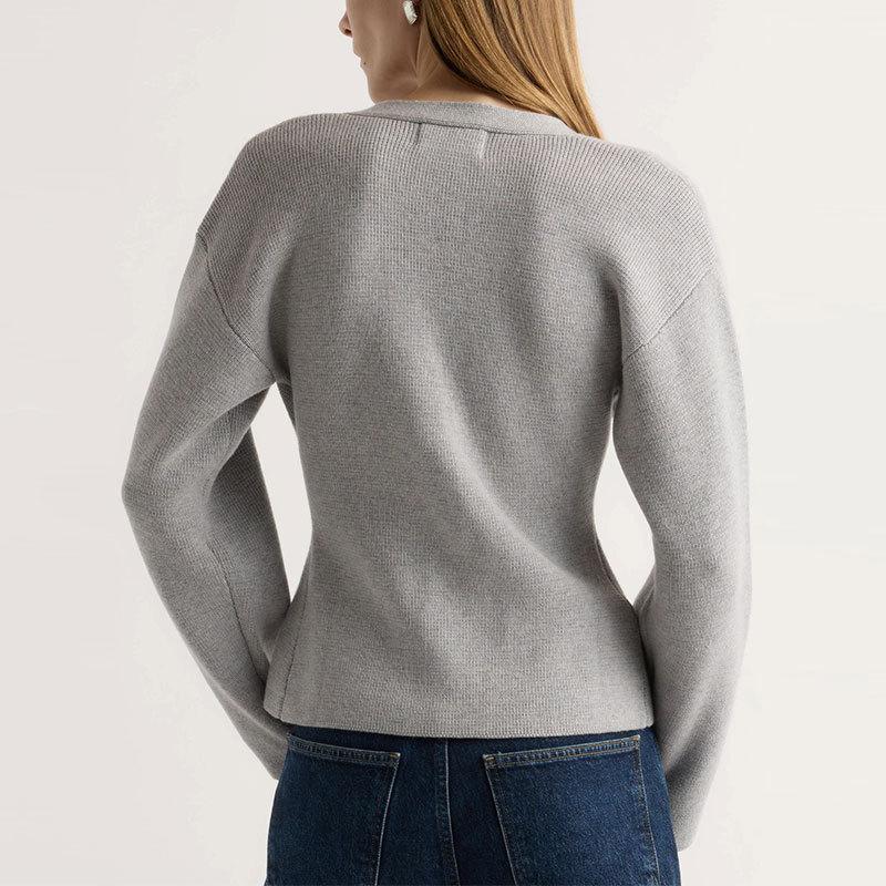 European and American  Station Autumn and Winter New Waist Knitted Cardigan Jacket V-neck Pocket Top Simple Sweater Women